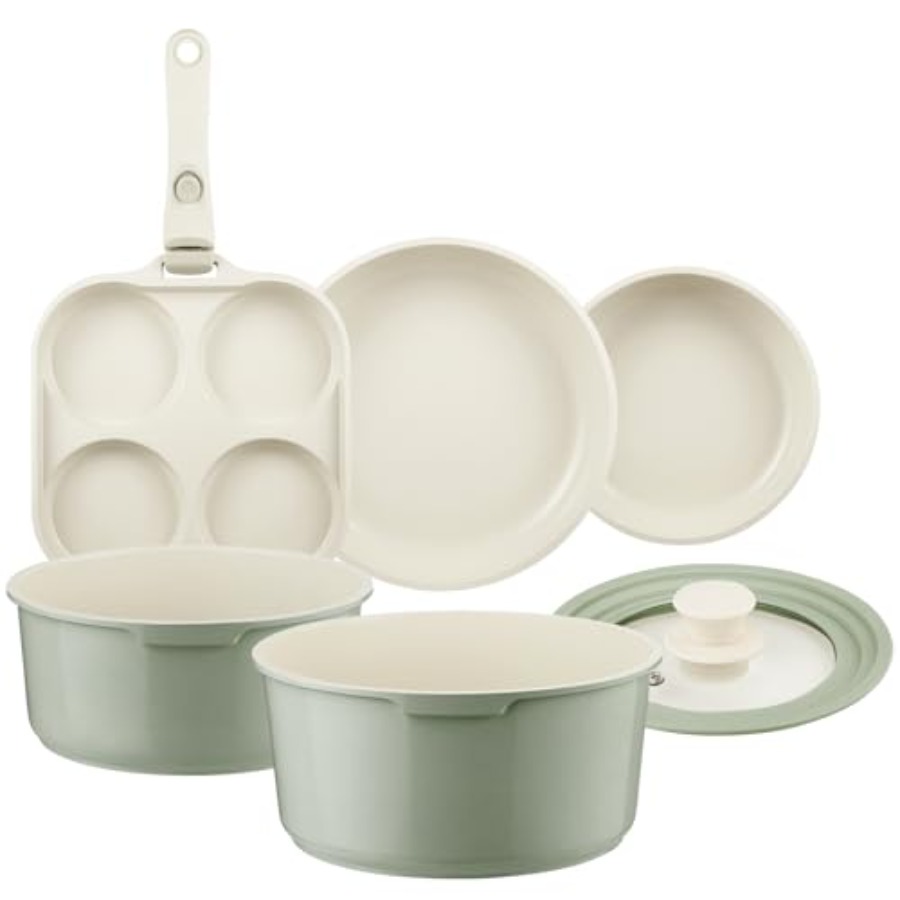 Camping Cooking Set Detachable Handle - 세라믹 냄비 프라이팬 세트 녹색 논스틱,