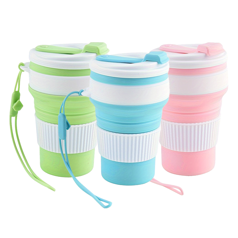 Camping Cooking Mug - 접이식 실리콘 여행컵, 뚜껑과 끈이 있는