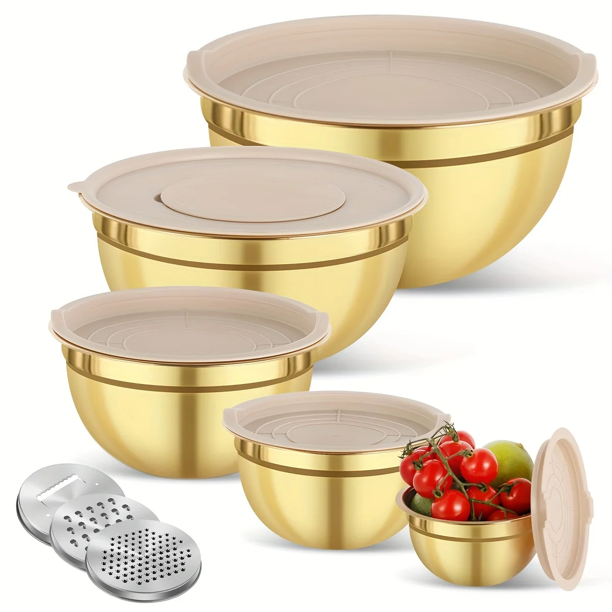 Camping Cooking Pan Set - 뚜껑과 샤프너가 포함된 10피스 골드 스테인리스