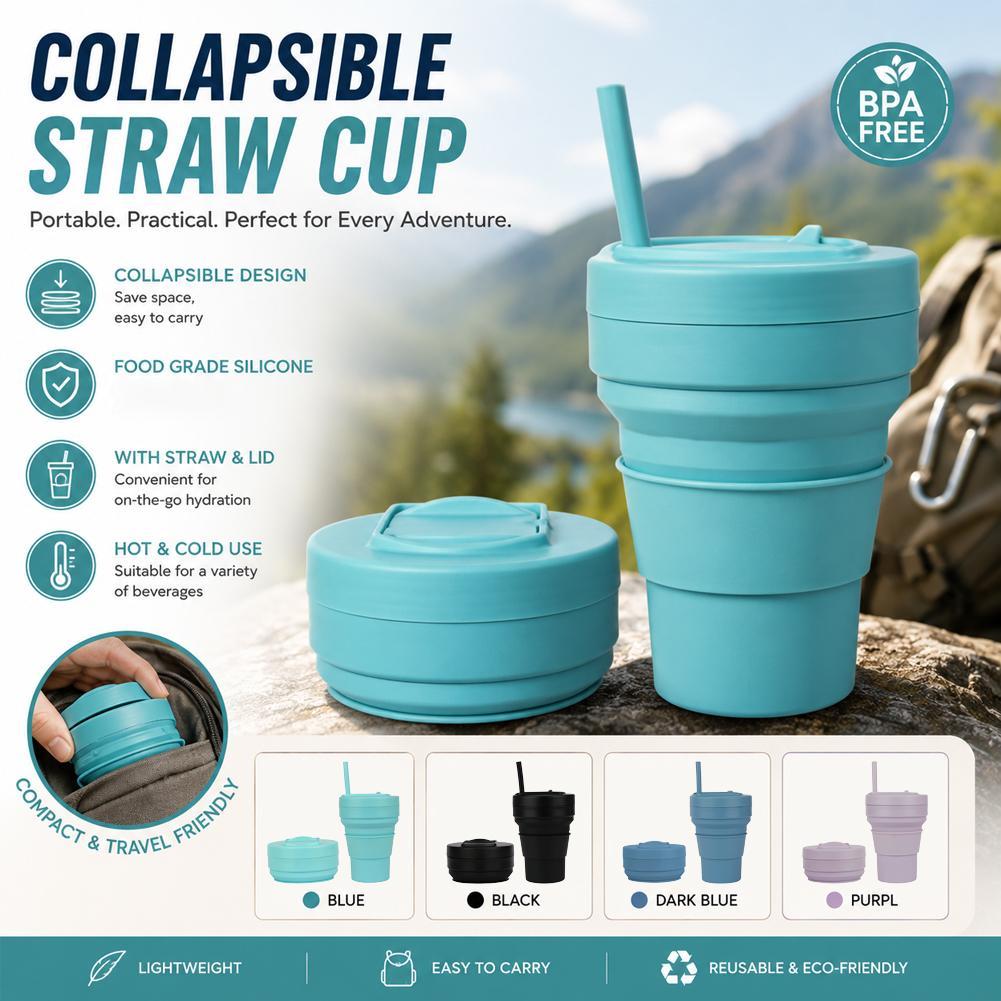 Camping Cooking Mug - 밀짚 뚜껑이 있는 접이식 실리콘 커피