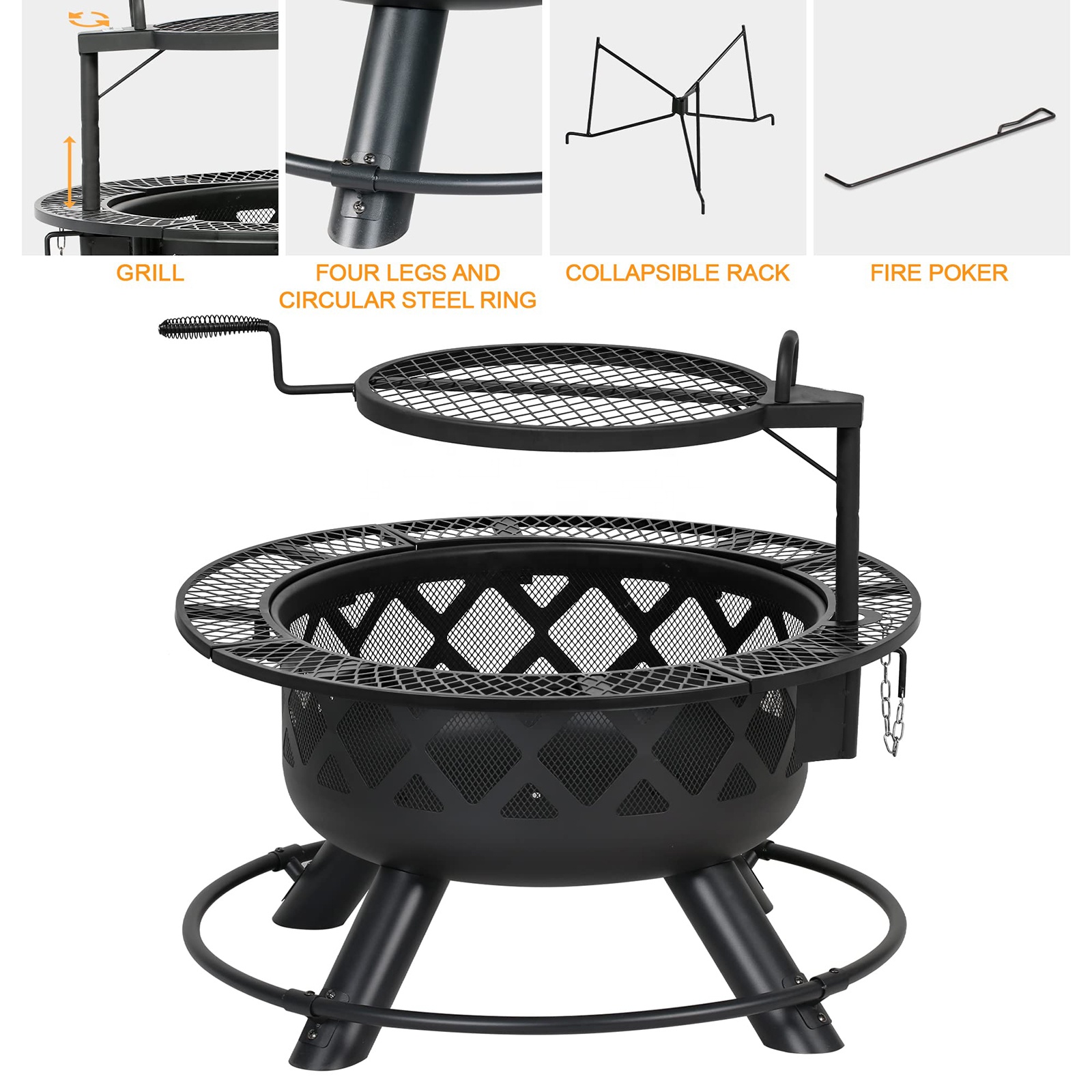 대형 야외 장작 화로, 스틸 바베큐 그릴이 있는 파티오 - Camping Cooking Fire Pit 리뷰 및 가격